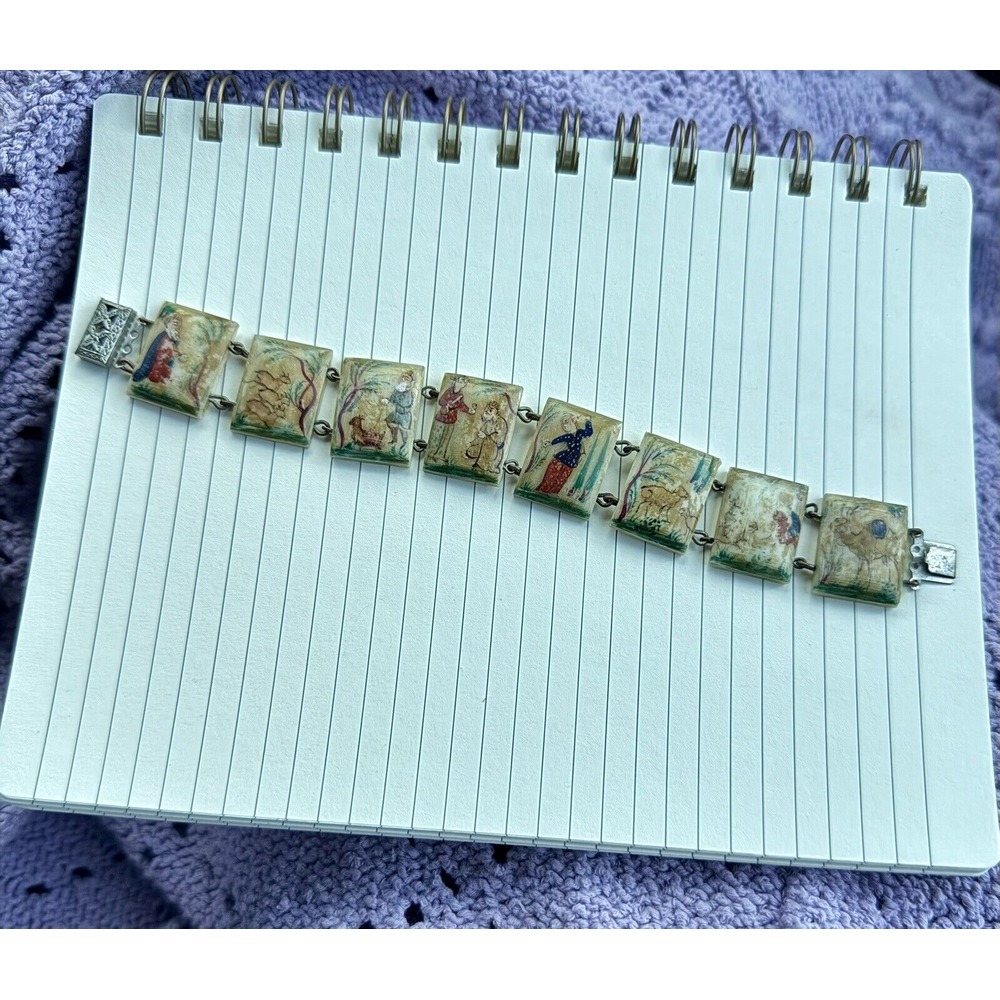 Antique Hand‎ Painted Bone Panel Story Teller Bracelet Early 1900s s Unique 7.5"